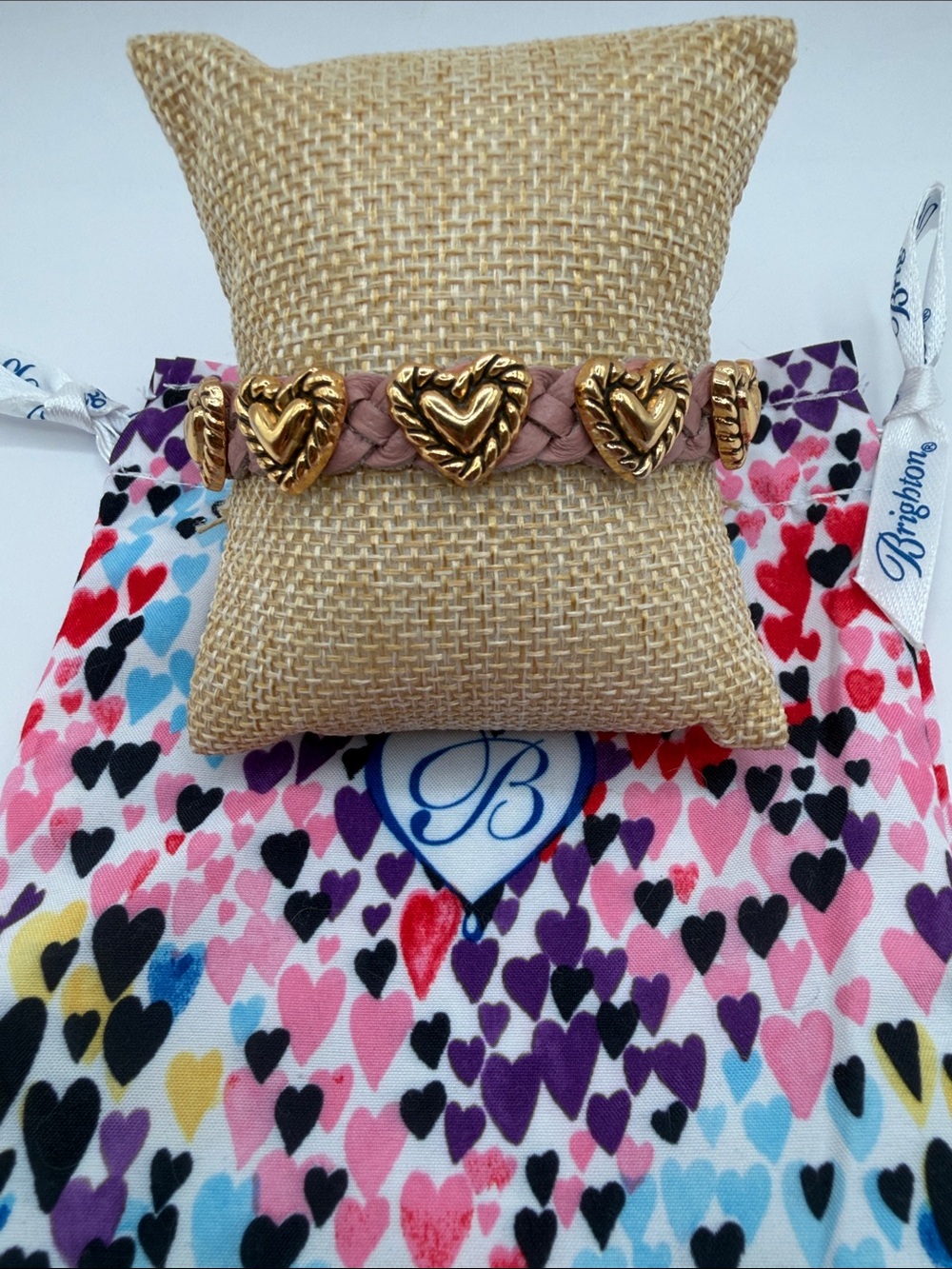 Brighton Bandit Blush Pink Braided Bracelet with Gold Heart Charms